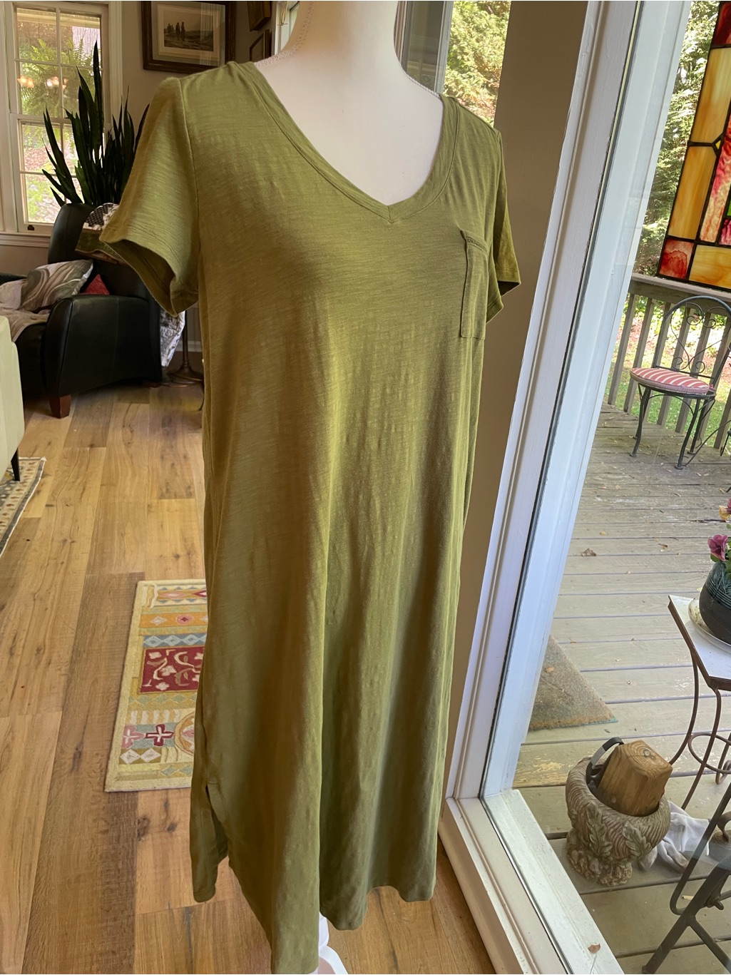 C. Wonder - Green V-Neck Pocket Midi Dress Cotton/Spandex